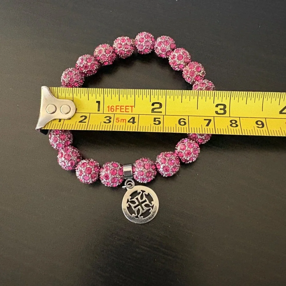 Rustic Cuff Pink Emerson Stretch‎ Bracelet Sparkly Beads Silvertone Logo Charm
